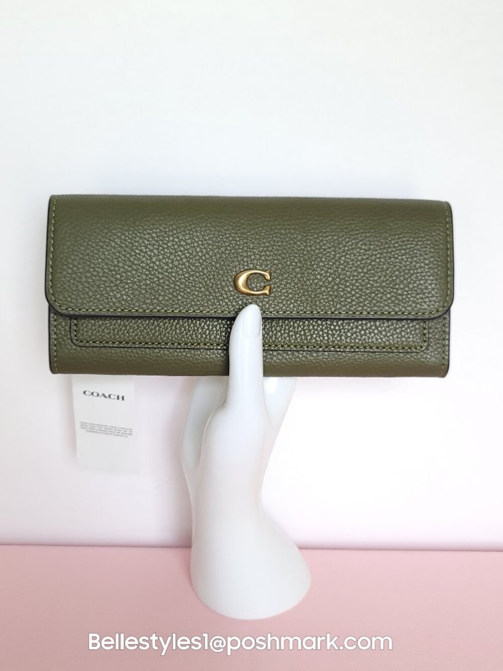 COACH Mila Pebbled Leather Long Flap Wallet- Olive color🎈